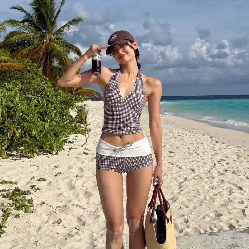 Women's Deep V Push Up Bikini Set | High Waist Checkered Two Piece Swimsuit