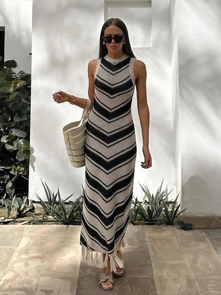 Knitted Beach Cover Up Dress - Elegant Striped Long Dress with Tassels | Boho Holiday Outfit