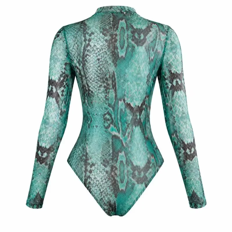 Women's 3D Snake Print Long Sleeve Swimsuit | Zipper Front Surf Swimwear