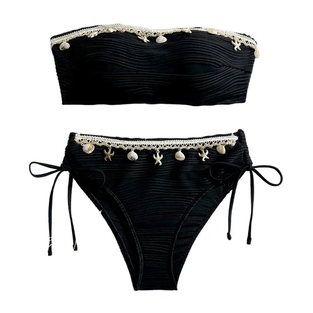 Women's Solid Tube Top Bikini Set | High Waist Swimsuit with Shell Decor