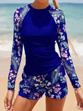 Women's Long Sleeve Tankini Swimwear Set - High Waist Boxer Shorts 2 Piece Beachwear