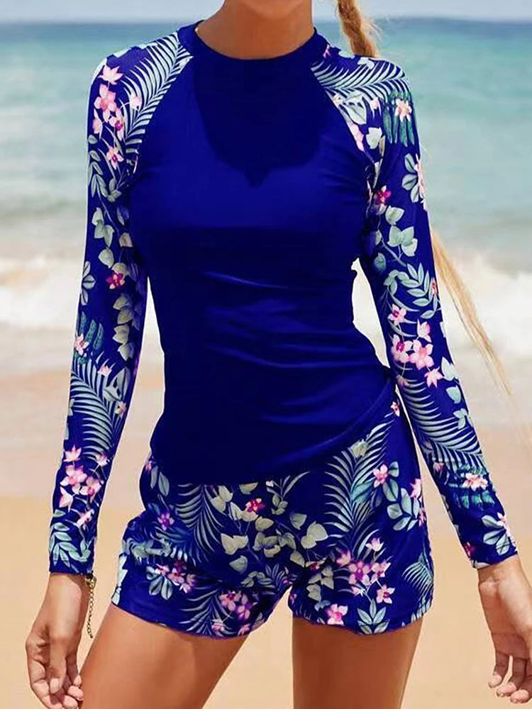 Women's Long Sleeve Tankini Swimwear Set - High Waist Boxer Shorts 2 Piece Beachwear