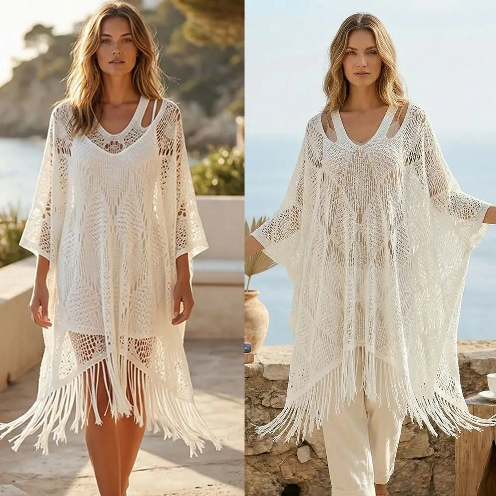 Women's Crochet Beach Shawl | Bohemian Tassel Sun Protection Cover Up