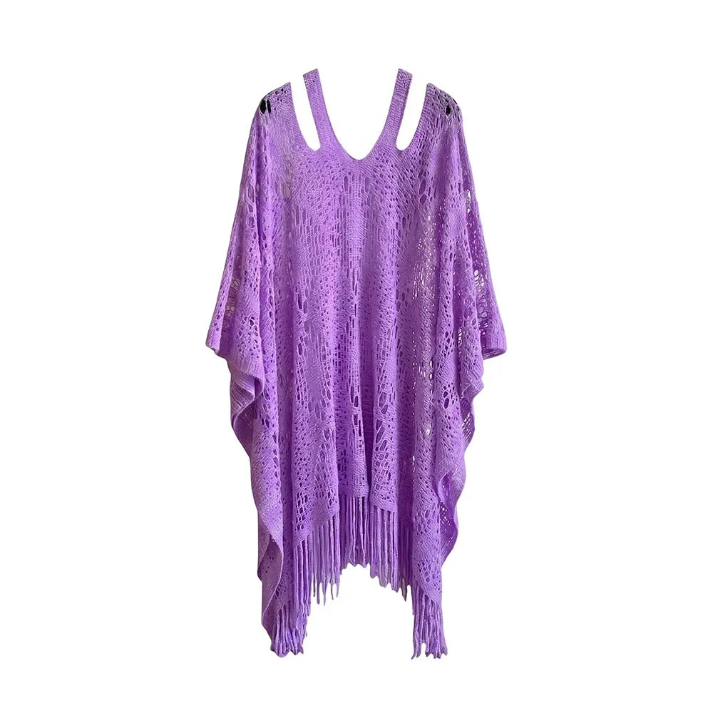 Women's Crochet Beach Shawl | Bohemian Tassel Sun Protection Cover Up
