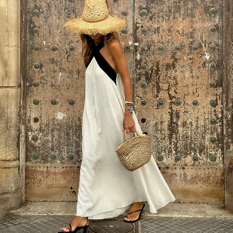 Women's Cotton Linen Maxi Dress | Hanging Neck Strapless Sleeveless Summer Style