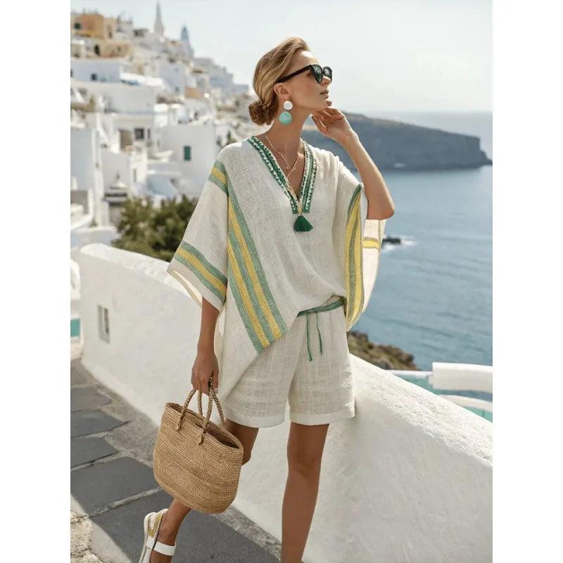Women's Bohemian Striped V-Neck Shorts Set | Casual Beach Vacation Two Piece Outfit