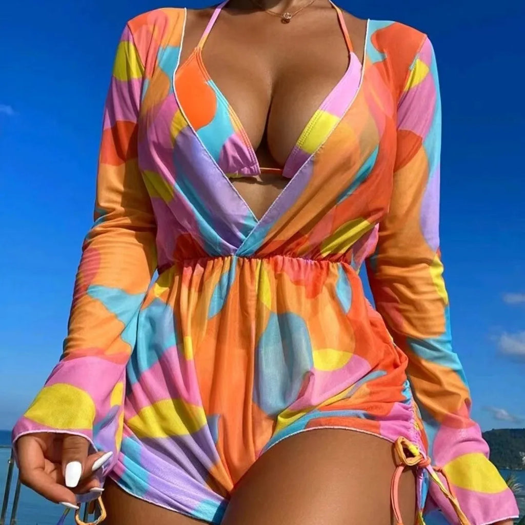 Print 3 Piece Bikini Set with Long Sleeve - Women's Cross Halter Swimwear for Beach