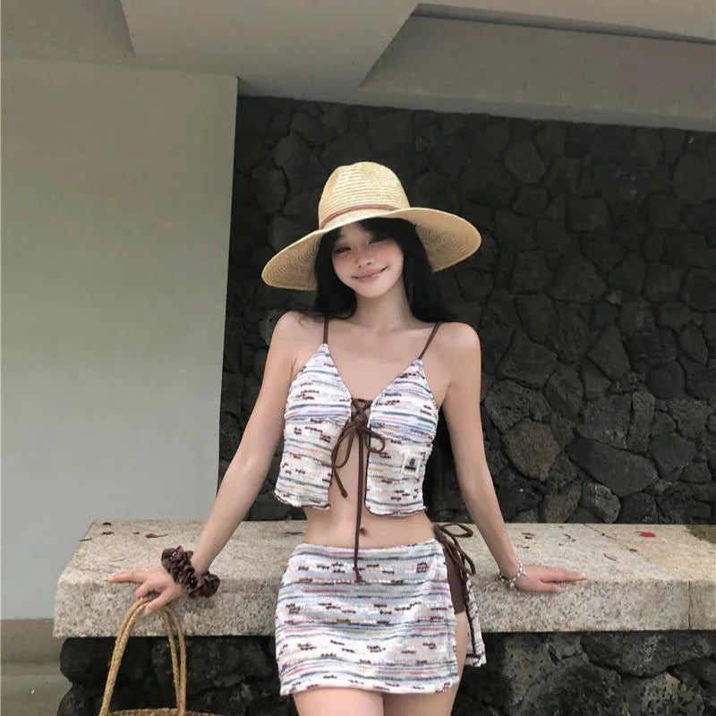 Women's Y2K Dot Print 3-Piece Bikini Set | Vintage Crop Top Swimwear