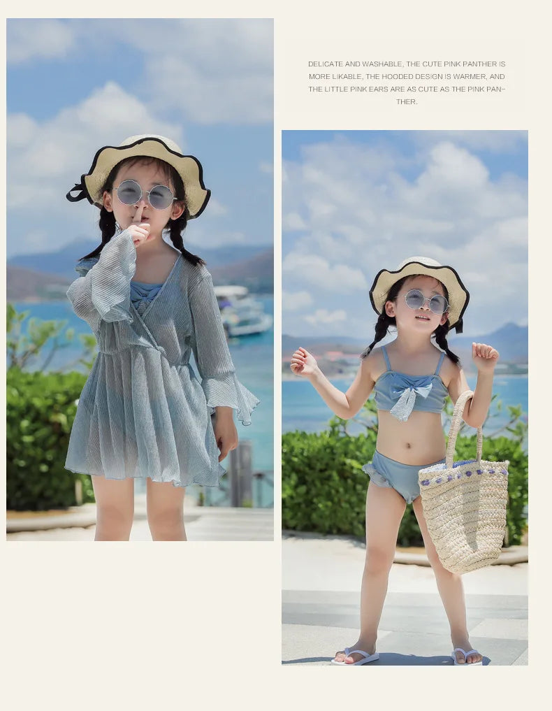 Mother-Daughter Matching Swimsuit Set | Long Sleeve Sun Protection Cover Up & Bikini 3-Piece