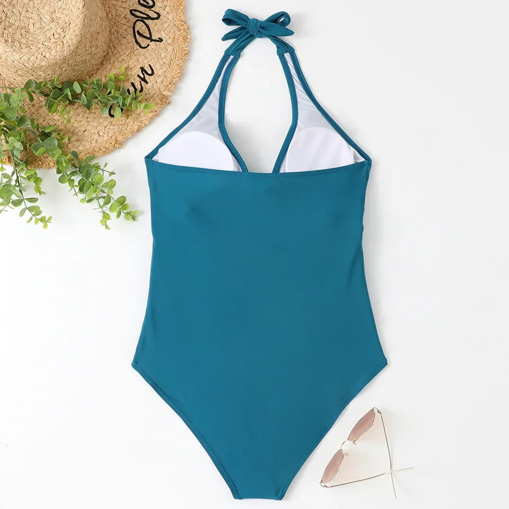 Women's Wrinkled Halter One Piece Swimsuit | V Neck Backless Monokini S-XXL