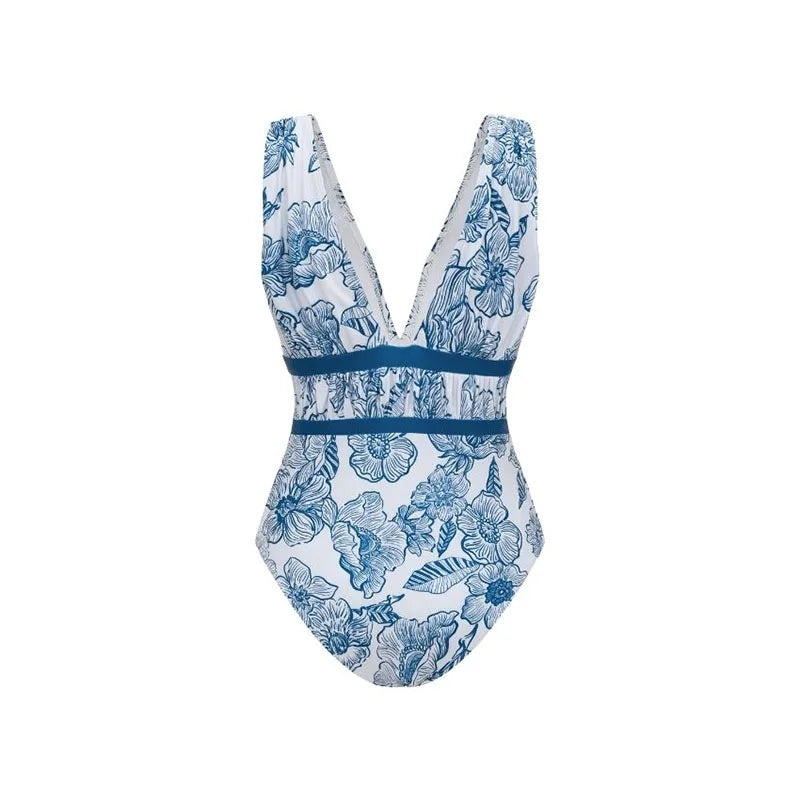 Women's Deep V-Neck One-Piece Swimsuit | Print Beachwear with Slimming Effect