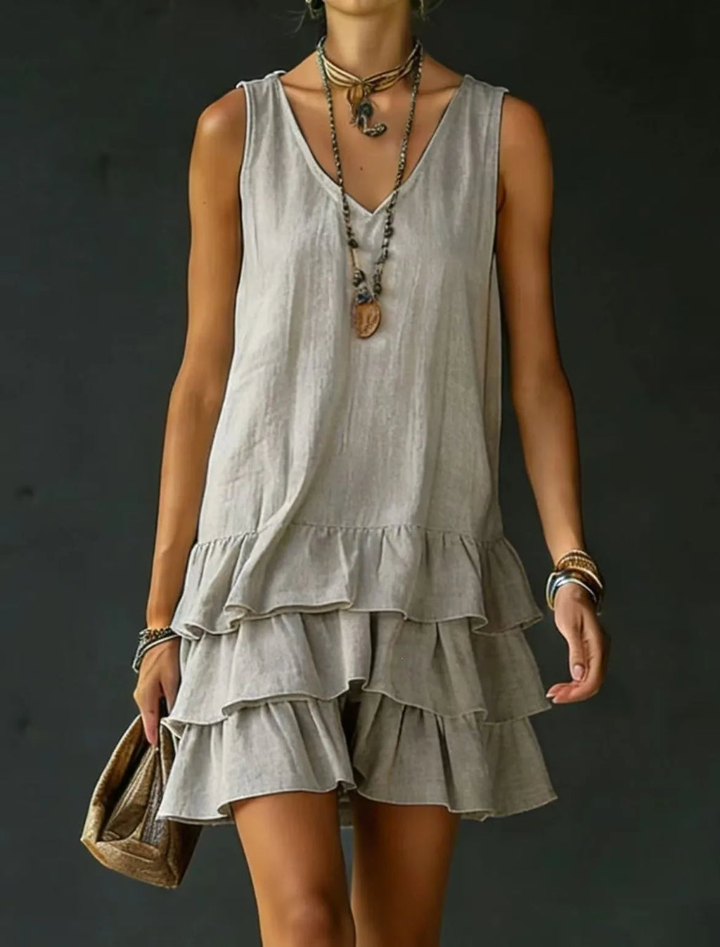 Women's V-Neck Sleeveless Solid Dress | Loose Ruffle Hem Casual Summer Wear