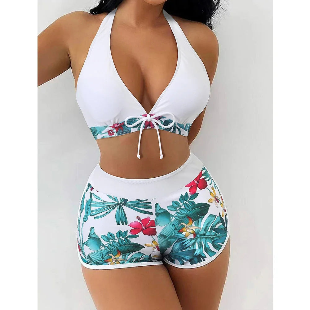 Color Block Sports Bikini Set - Women's Sexy Hanging Neck Cross Split Swimwear for Beach
