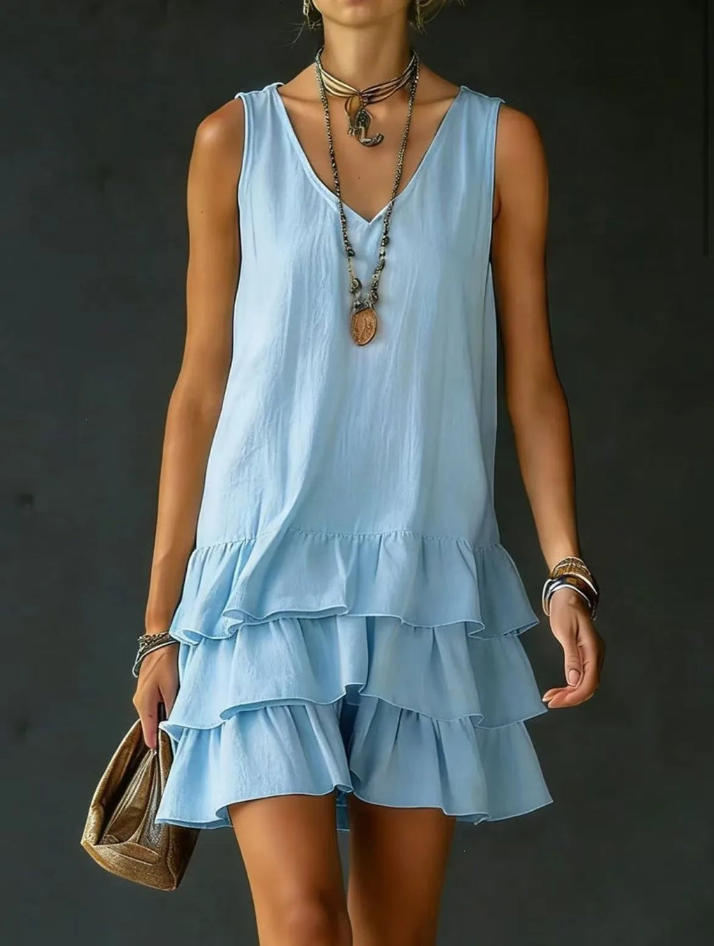 Women's V-Neck Sleeveless Solid Dress | Loose Ruffle Hem Casual Summer Wear