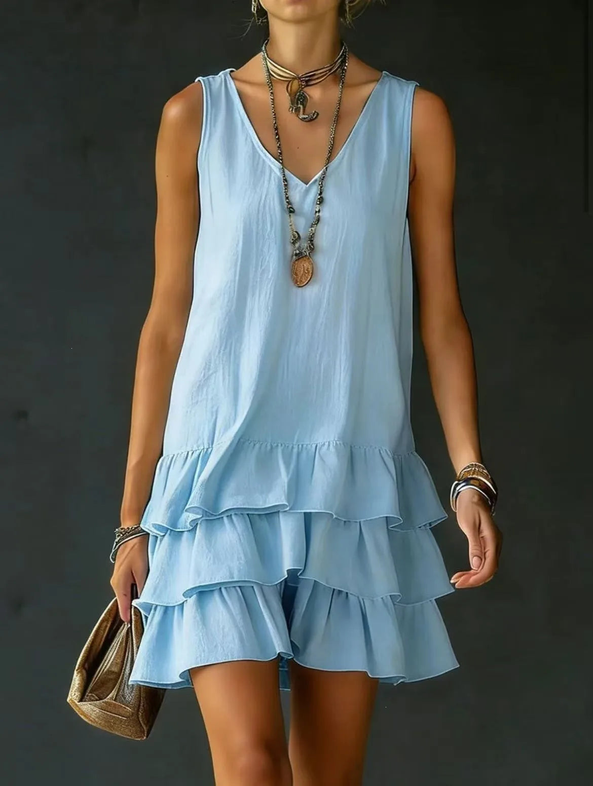 Women's V-Neck Sleeveless Solid Dress | Loose Ruffle Hem Casual Summer Wear
