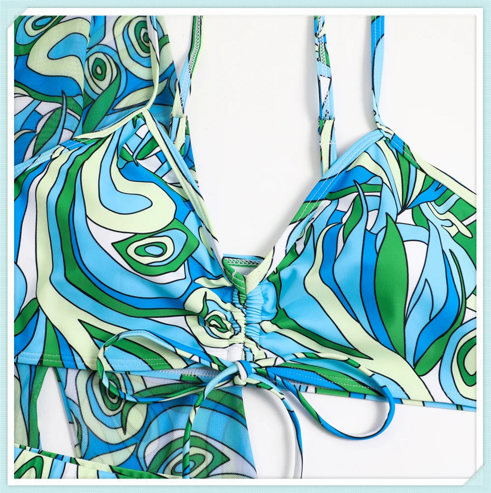 Sexy Printed 3 Piece Bikini Set - High Waist Swimsuit with Cover Up for Women