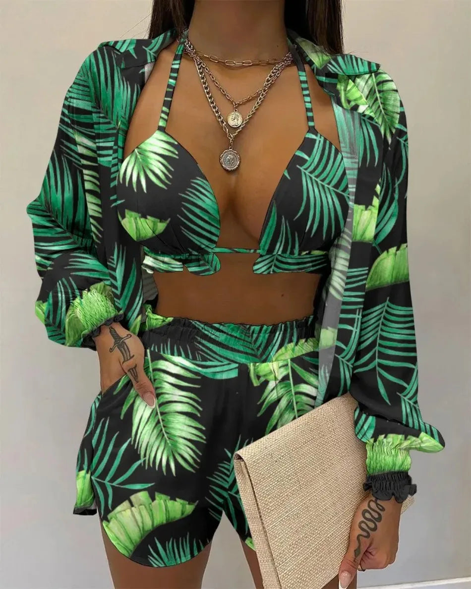 Women's 3-Piece High Waist Bikini Set | Print Swimwear with Shorts Cover Up
