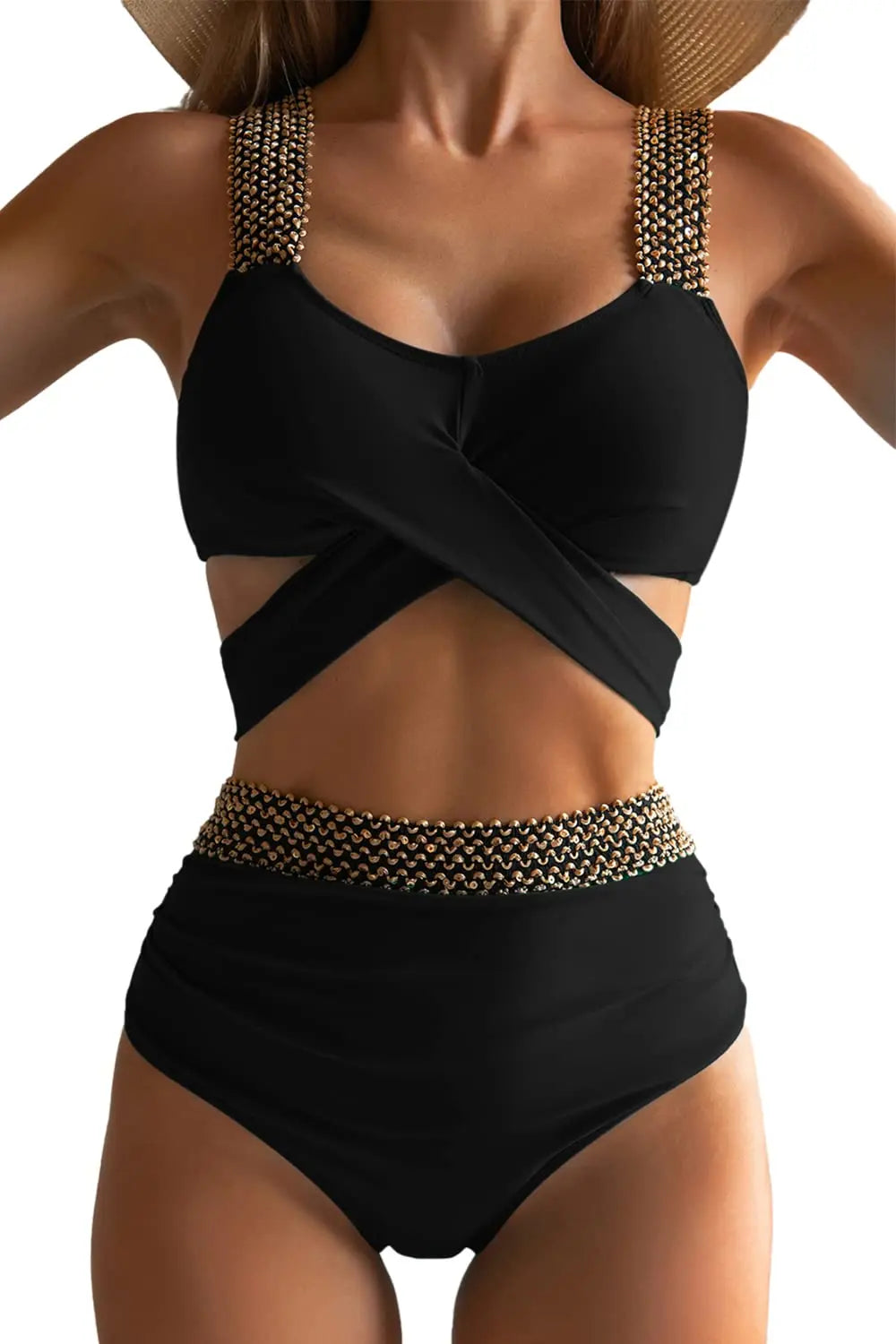 Black Cross High Waist Bikini Set - Solid Swimsuit for Women | 2025 Summer Beachwear