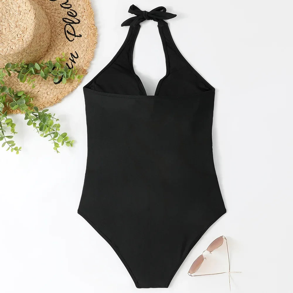Women's Wrinkled Halter One Piece Swimsuit | V Neck Backless Monokini S-XXL