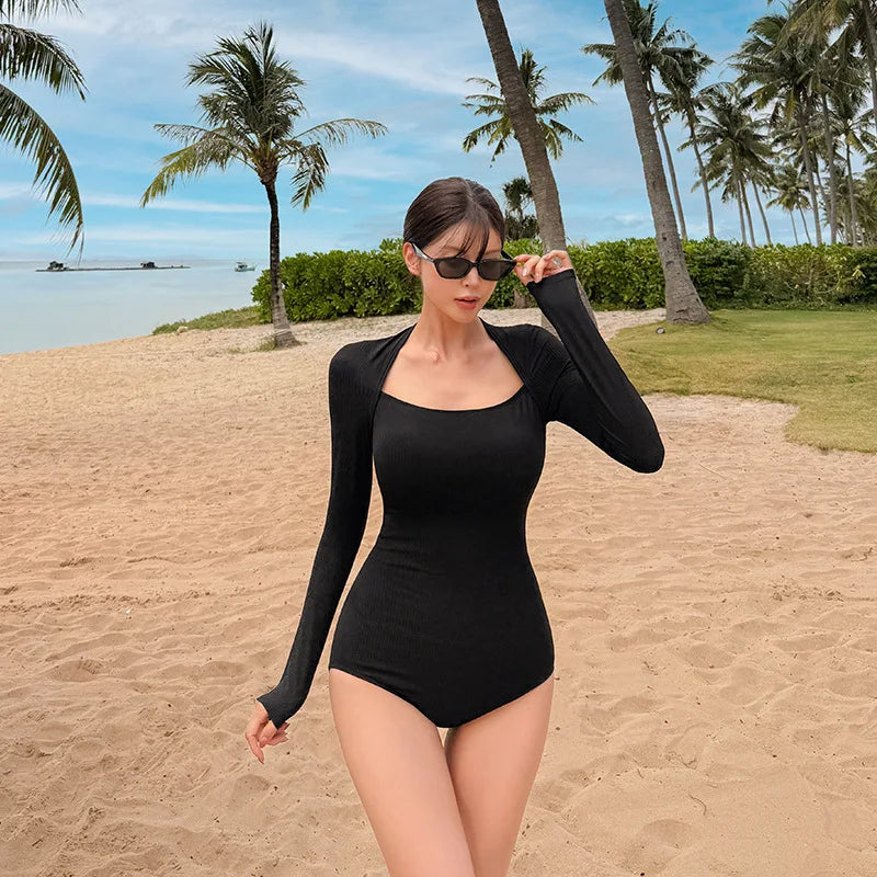 Black Tummy Control One Piece Swimsuit - High Cut Solid Color Bathing Suit for Women