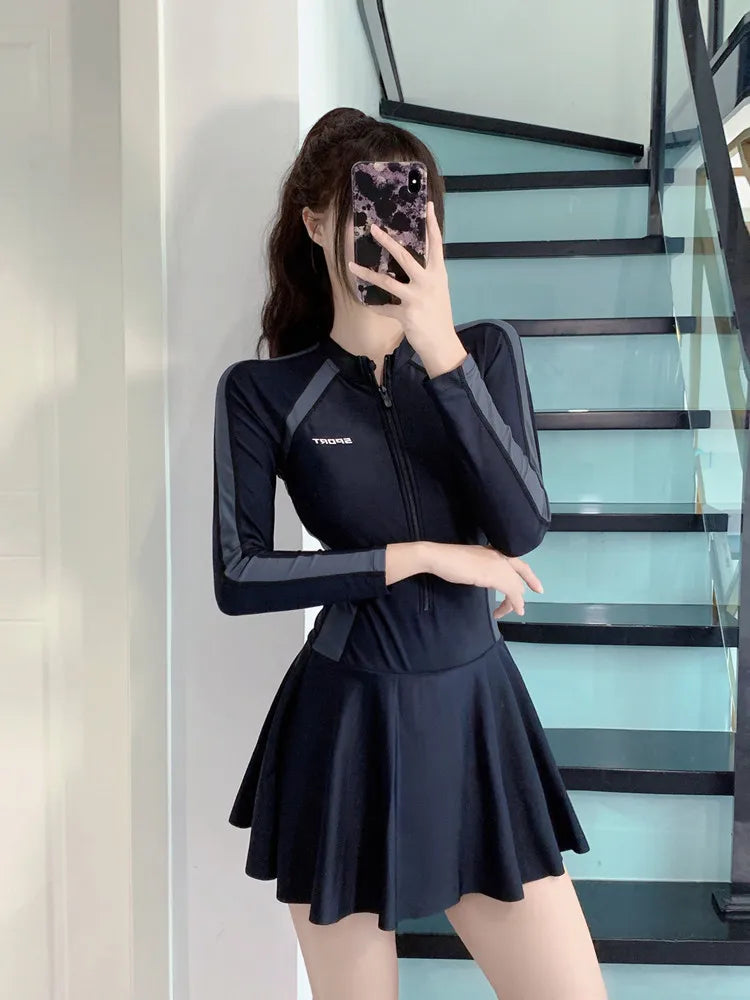 Women's Long Sleeve Swimsuit Dress | Tummy Control Conservative One-Piece Swimwear