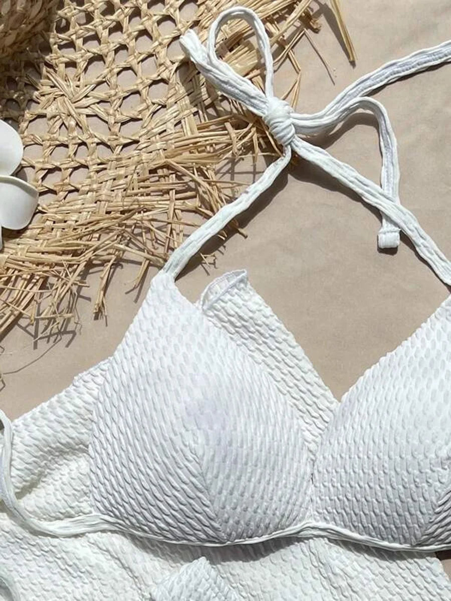 Women's 3-Piece Wrinkled Bikini Set | Push Up Swimwear with Beach Sarong