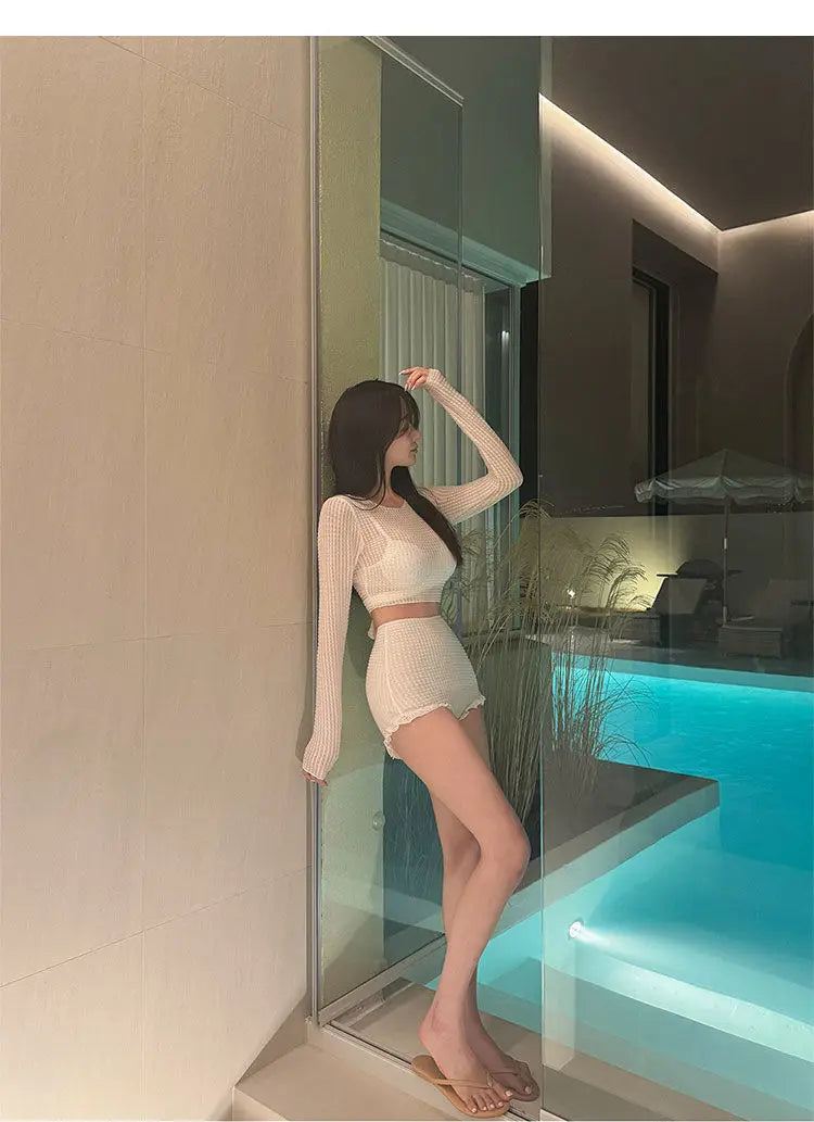 Women's High Waist Bikini Set | Korean Style Swimwear with Long Sleeve Cover Up