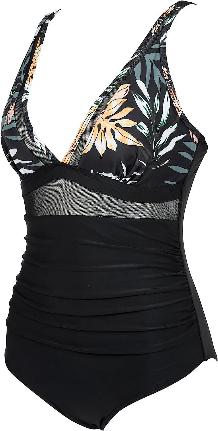 Deep V Neck One Piece Swimsuit - Removable Bra Plain Monokini for Women