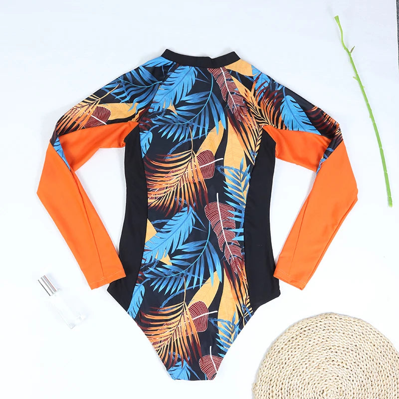 Women's Long Sleeve Floral Rash Guard One-Piece Swimsuit | Surfing Swimwear