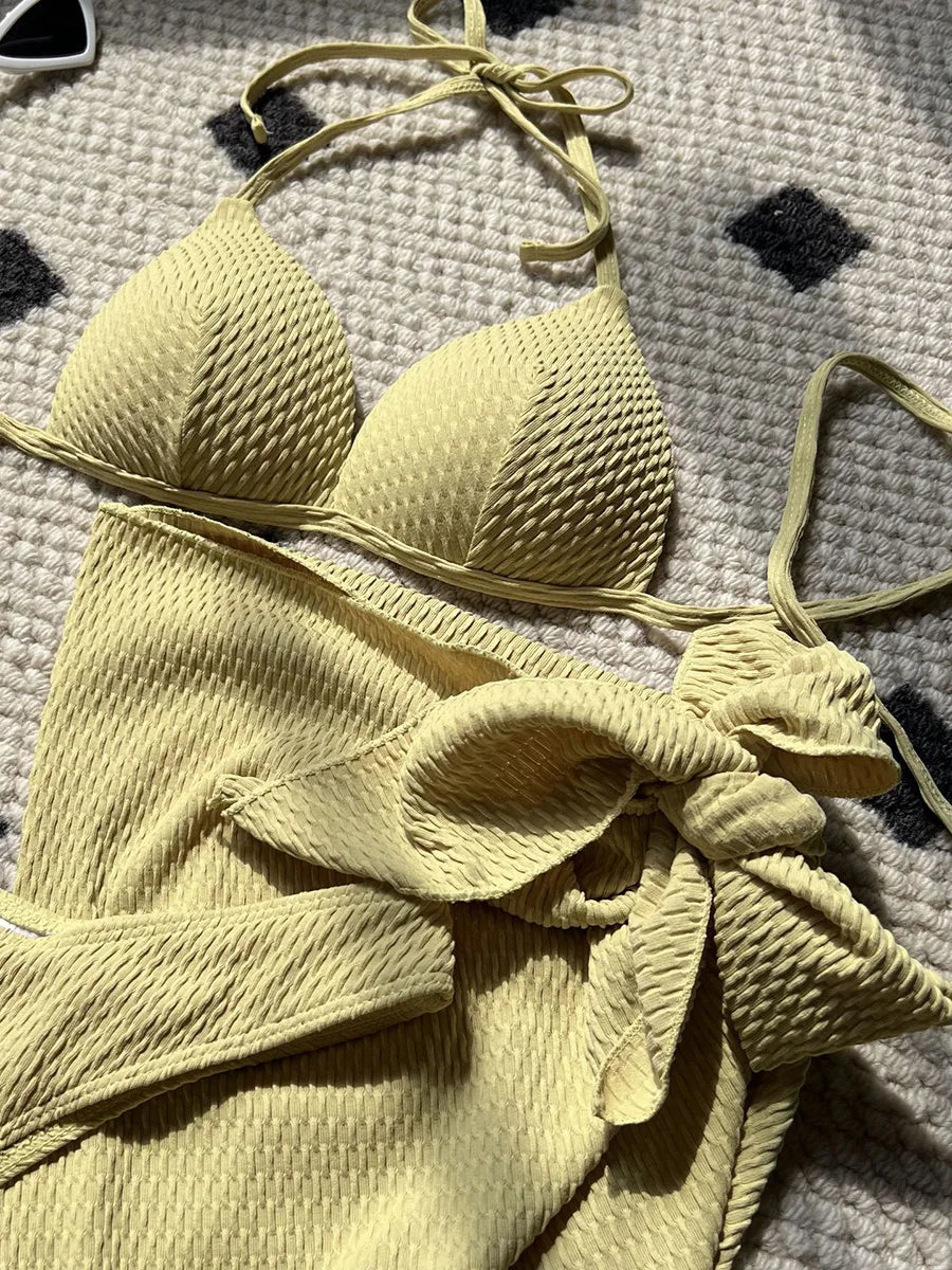 Women's 3-Piece Wrinkled Bikini Set | Push Up Swimwear with Beach Sarong
