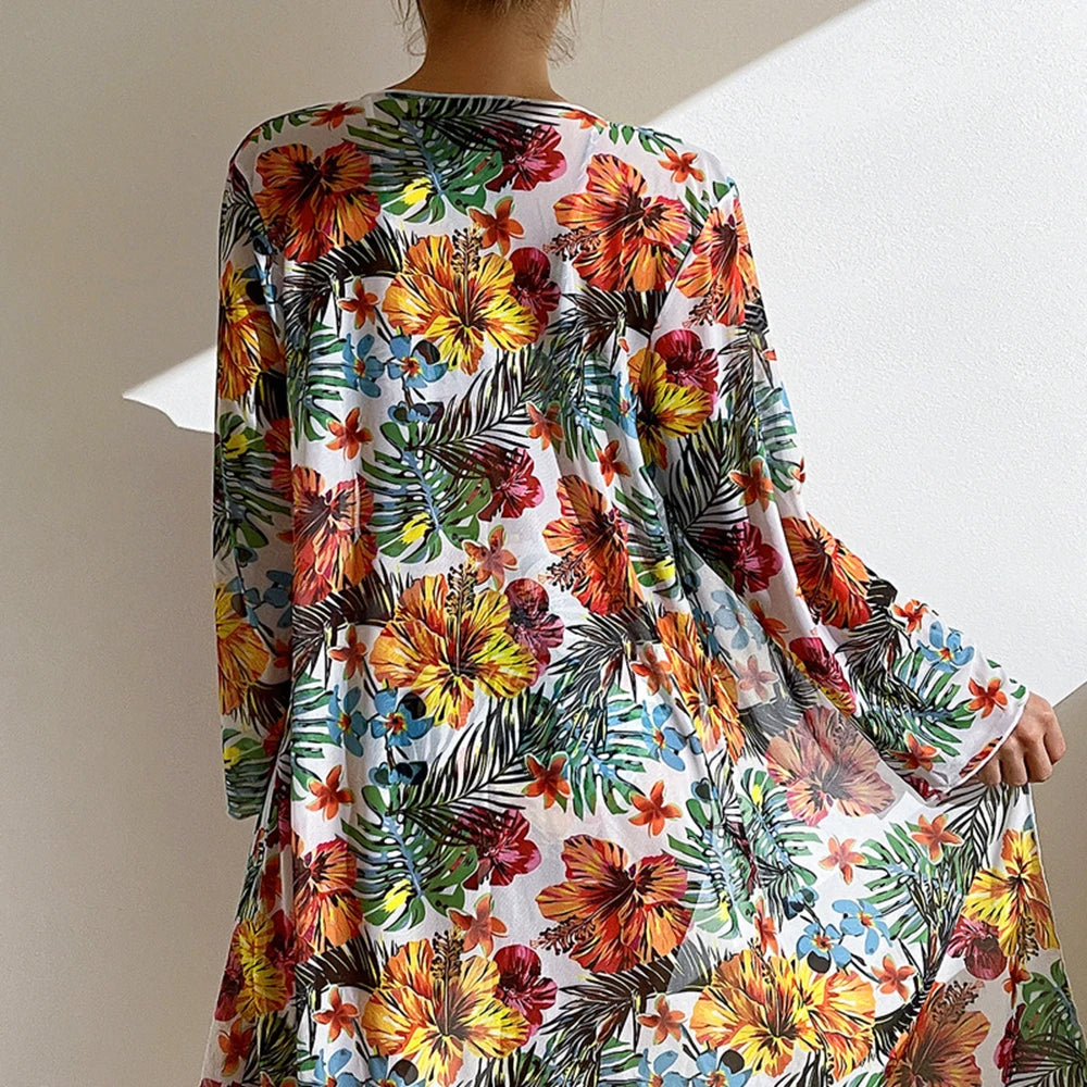 Floral Print 3 Piece Bikini Set with Mesh Blouse - Long Sleeve High Waisted Swimsuit