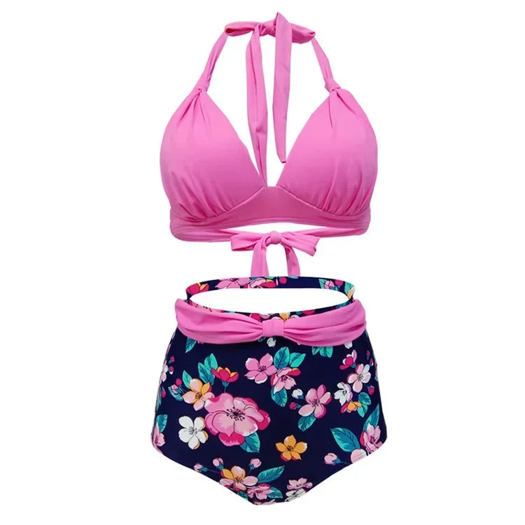 Women's Dot Print High Waist Bikini Set | Push Up Plus Size Swimwear with Bandage Detail