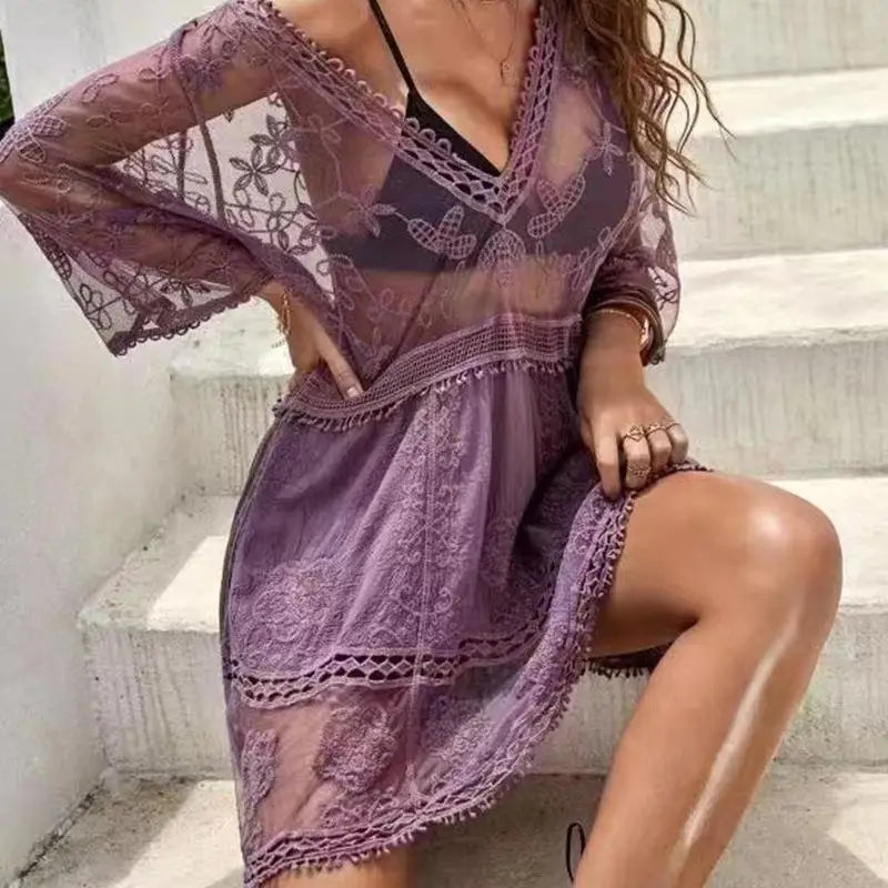 Women's Mesh Lace Cover Up Dress | Deep V-Neck Beach Swimsuit Set