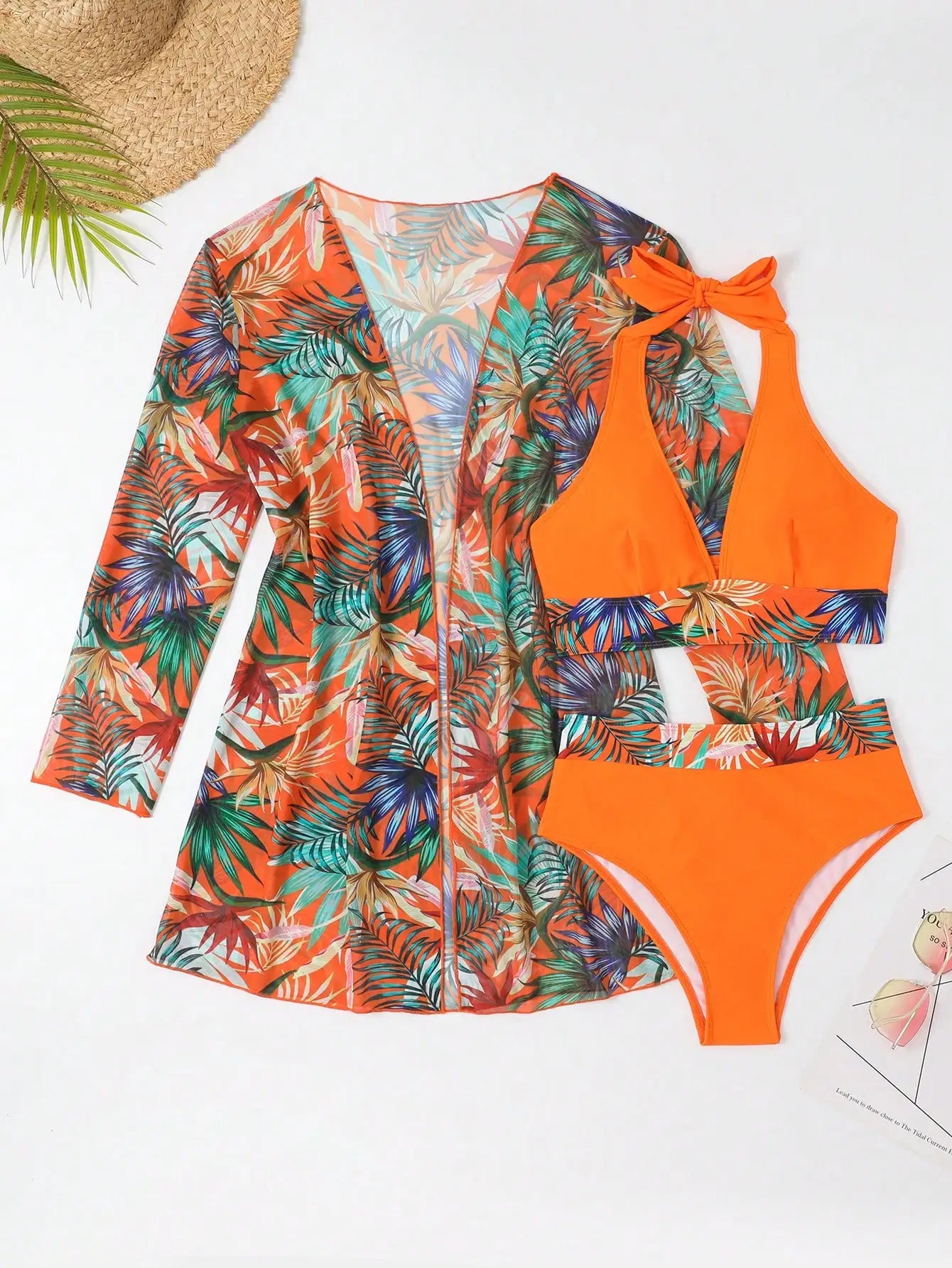 Print 3 Piece Bikini Set with Kimono - Halter High Waist Swimsuit for Women
