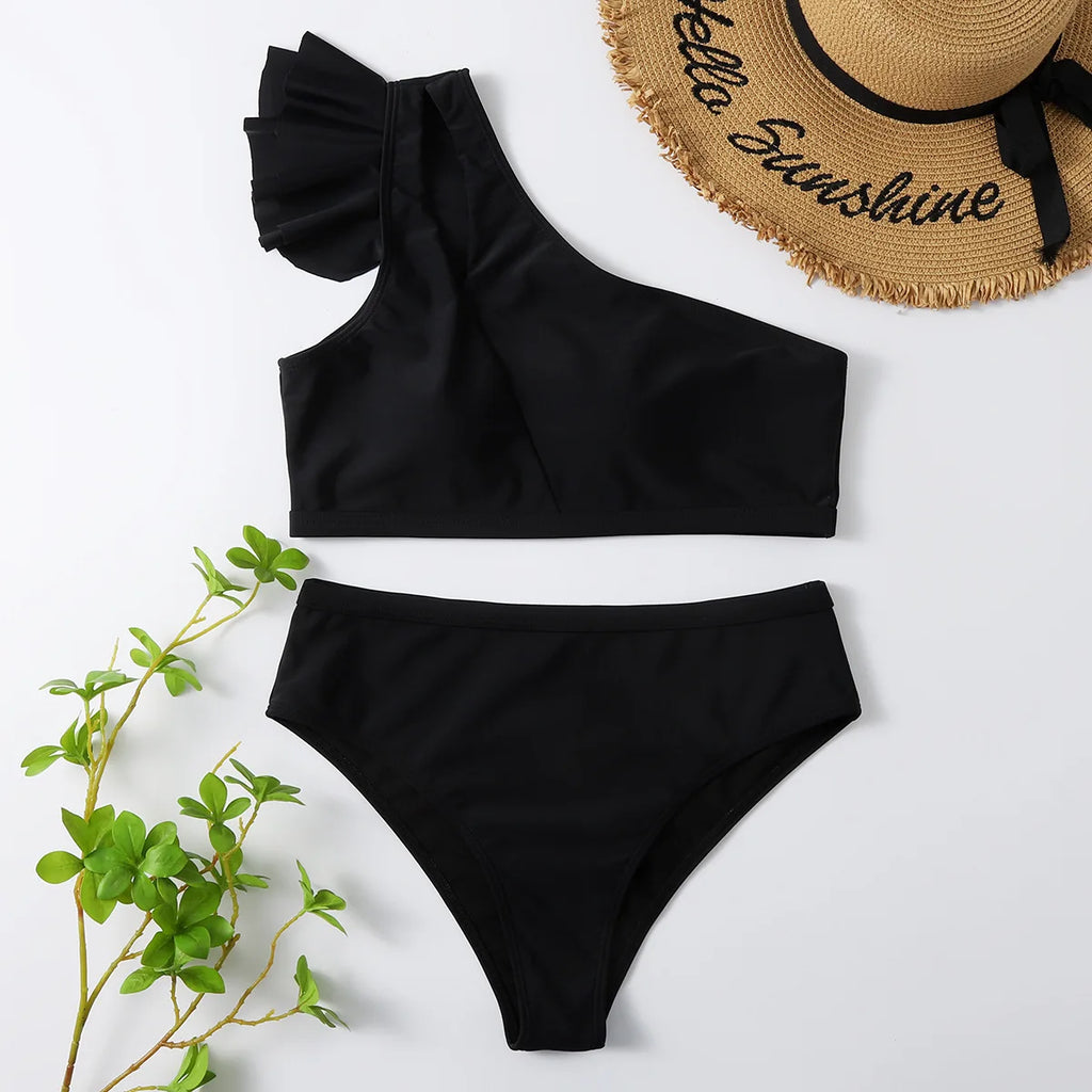One Shoulder Ruffle Bikini Set - Solid High Waist Padded Swimwear for Women | 2025