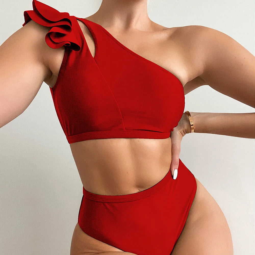 One Shoulder Ruffle Bikini Set - Solid High Waist Padded Swimwear for Women | 2025