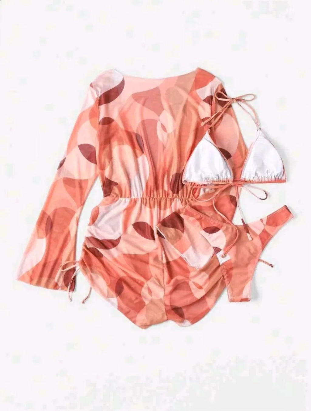 Print 3 Piece Bikini Set with Long Sleeve - Women's Cross Halter Swimwear for Beach