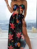 Floral Print 3 Piece Bikini Set - Knot Front Ruffle Swimsuit with High Waist Skirt