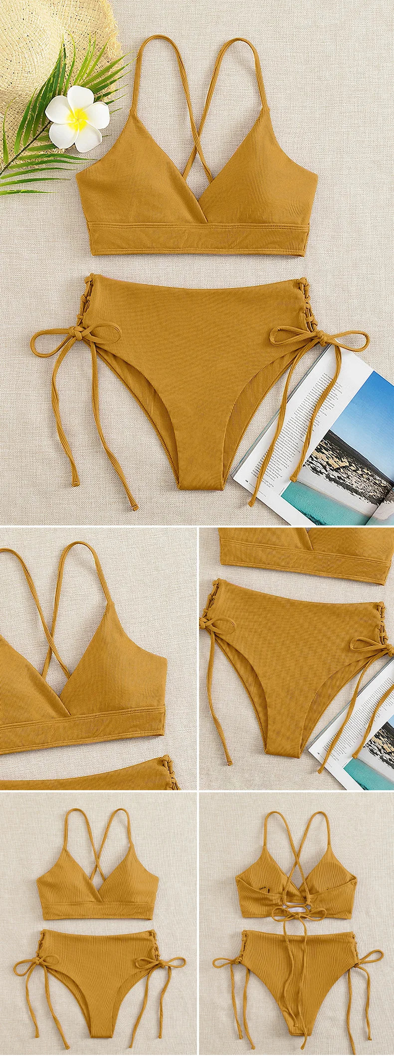 CIKINI Women's V-Neck Lace Up Bikini Set | Solid Color Triangle Swimwear