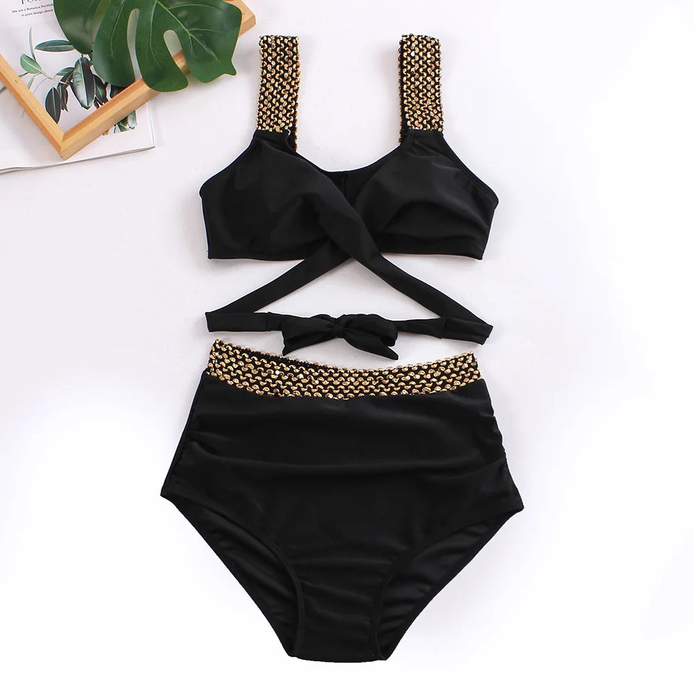 Black Cross High Waist Bikini Set - Solid Swimsuit for Women | 2025 Summer Beachwear