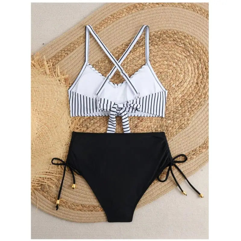 CIKINI Women's High Waist Criss-Cross Bikini Set | Metal Pendant & Adjustable Drawstring