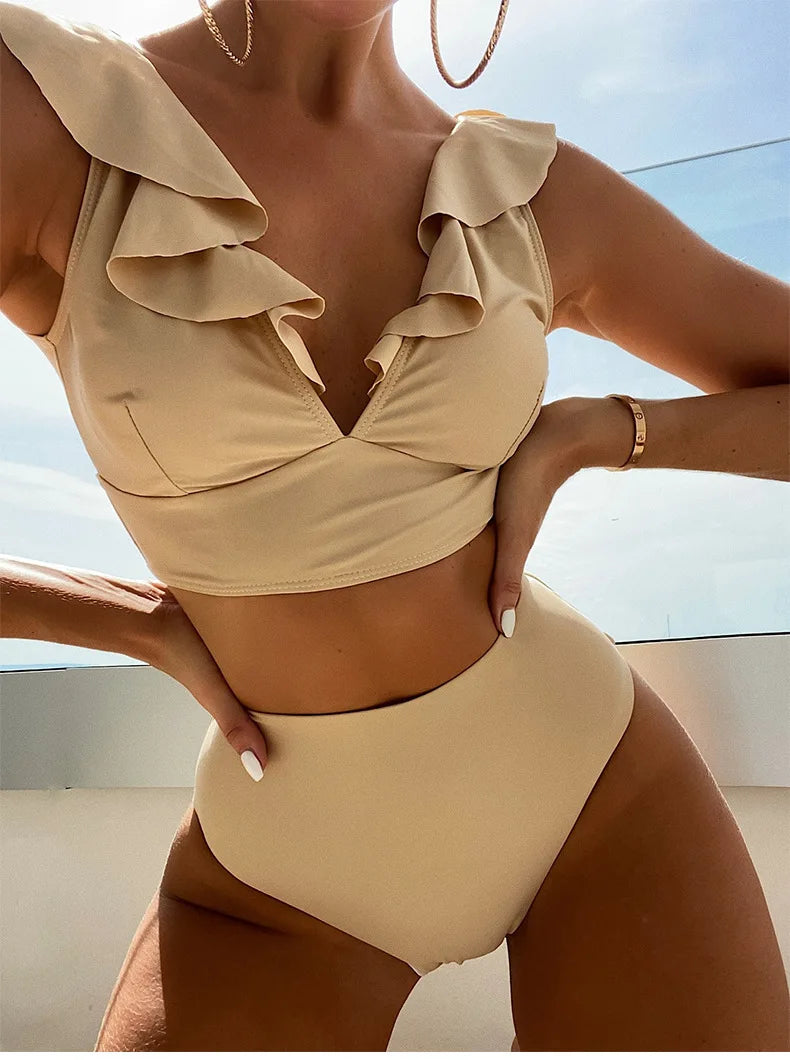 Women's High Waist Ruffle Bikini Set | V-Neck Push Up Two Piece Swimsuit
