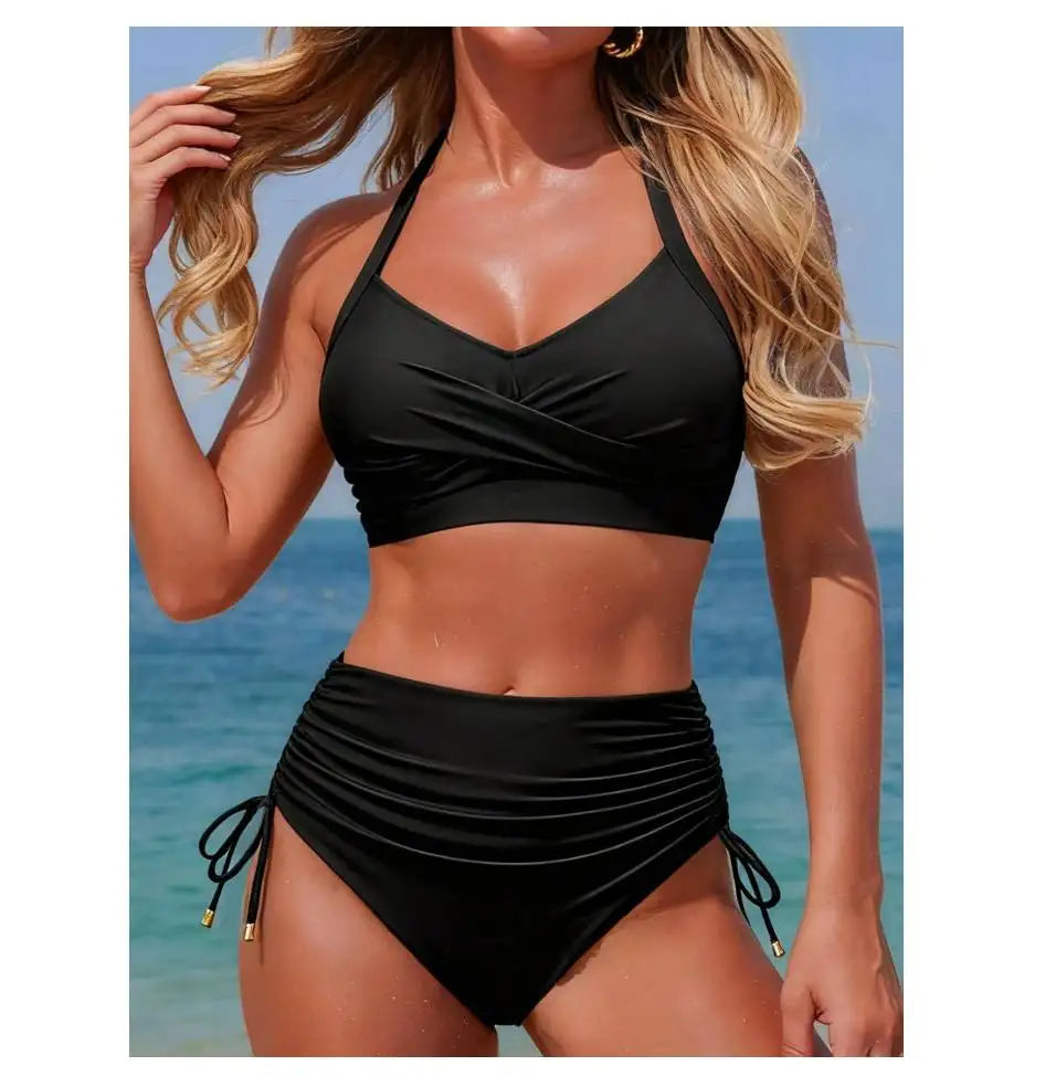 CIKINI Women's High Waist Criss-Cross Bikini Set | Metal Pendant & Adjustable Drawstring