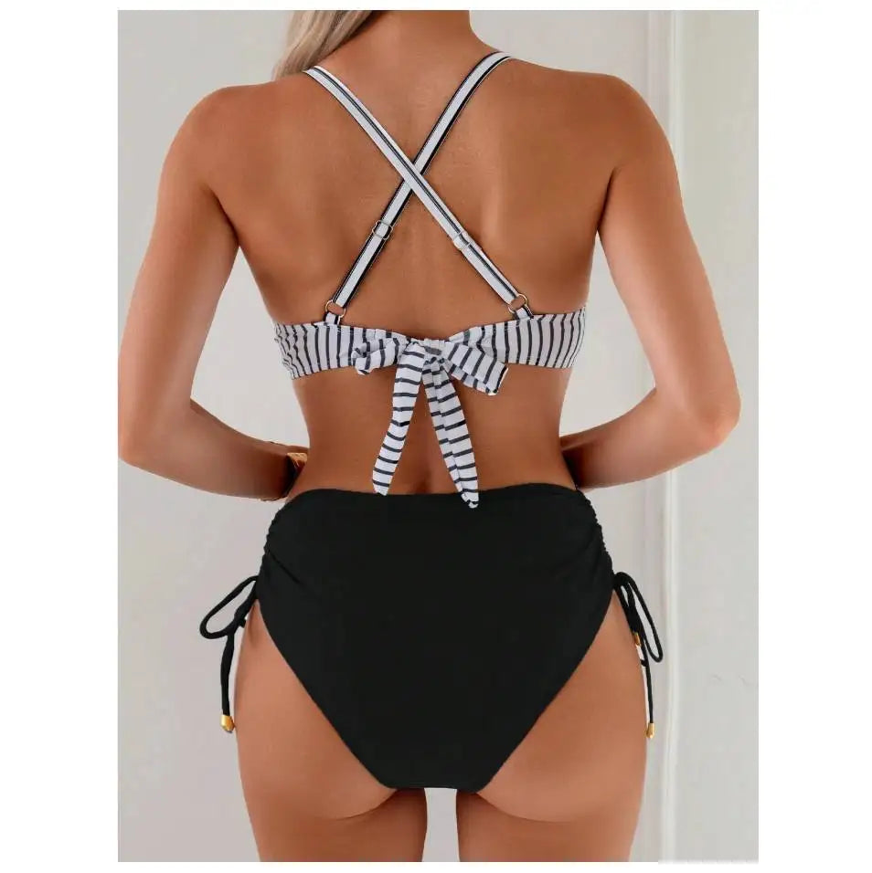 CIKINI Women's High Waist Criss-Cross Bikini Set | Metal Pendant & Adjustable Drawstring
