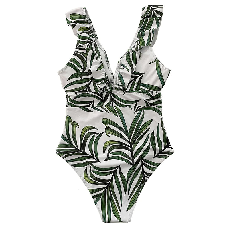 Women's Striped Ruffle One Piece Swimsuit | Vintage Print Monokini Beachwear
