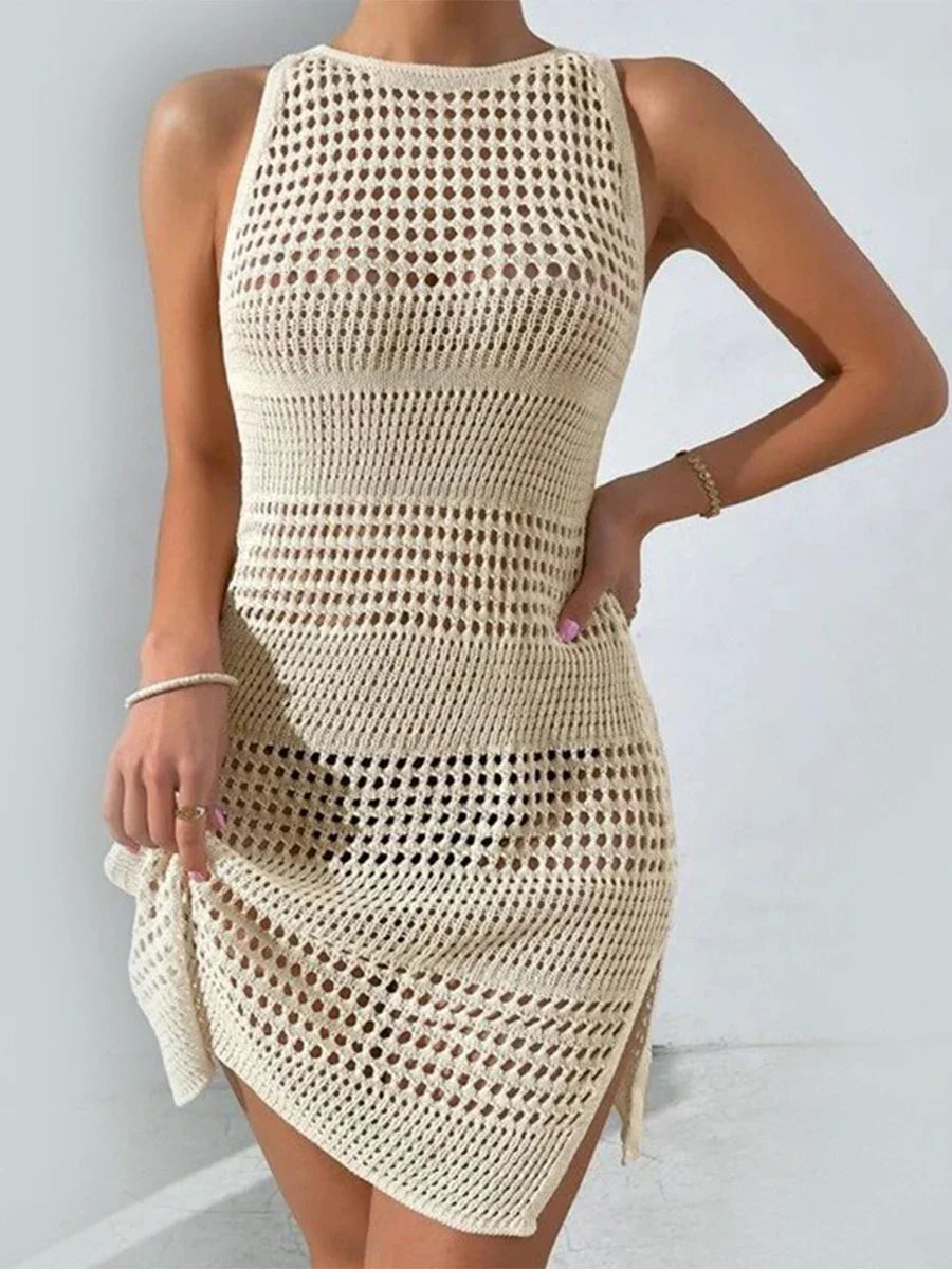 Crochet Knitted Beach Cover Up - Sexy See-Through Hollow-Out Sleeveless Tunic
