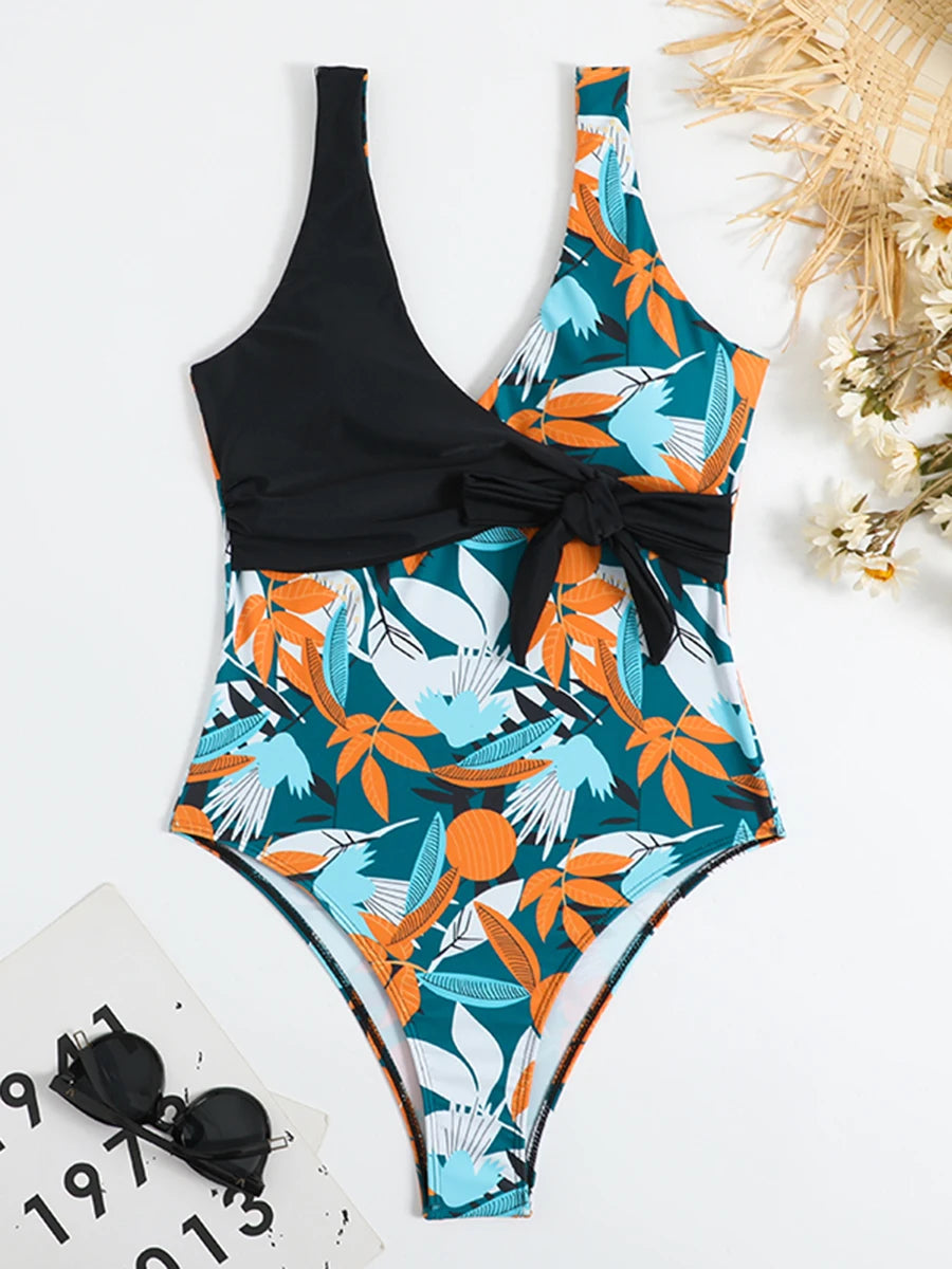 Tropical Print One Piece Swimsuit - Knot Side Belted & Padded Bathing Suit for Women