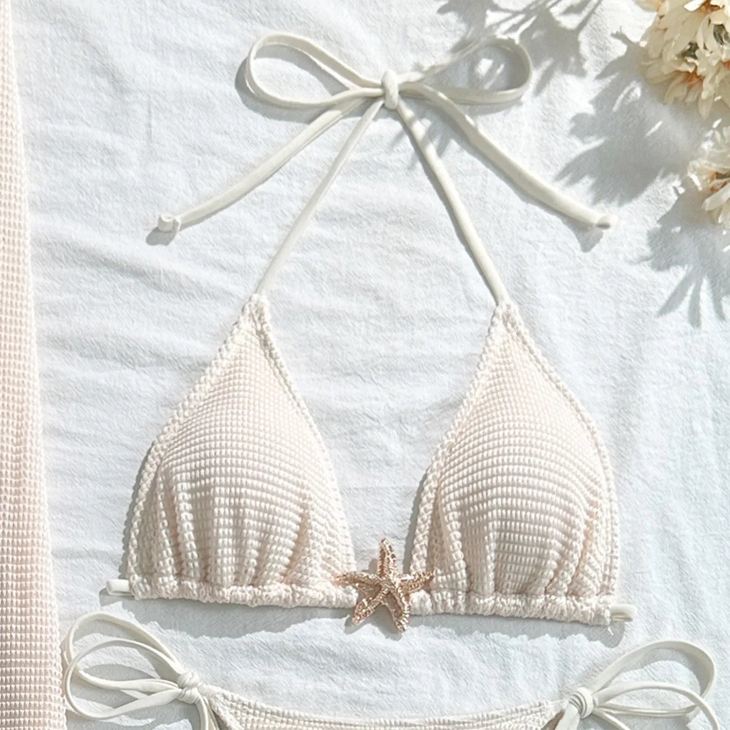 Solid Color 3 Piece Bikini Set with Mesh Skirt - Starfish Swimsuit for Women