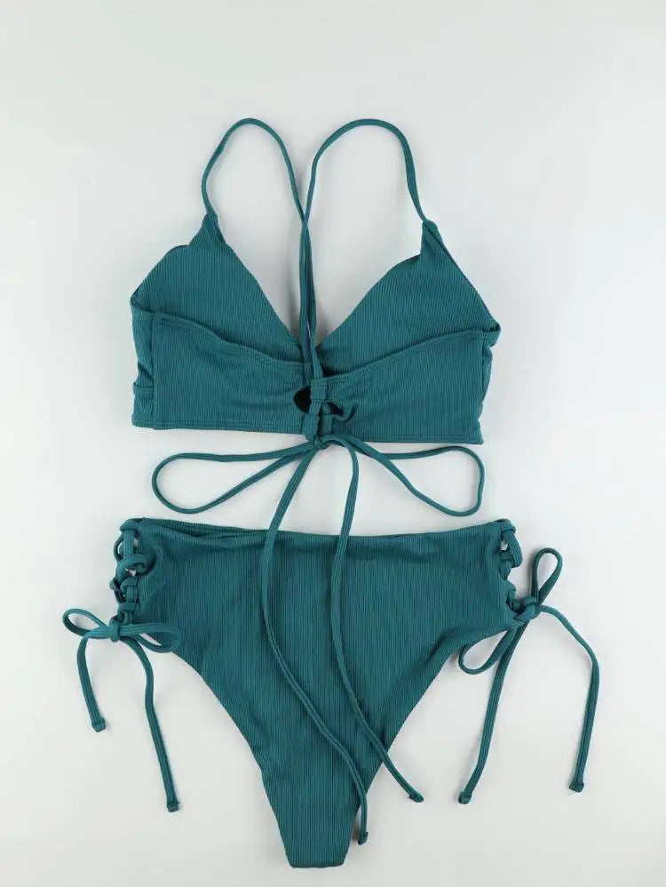 CIKINI Women's V-Neck Lace Up Bikini Set | Solid Color Triangle Swimwear