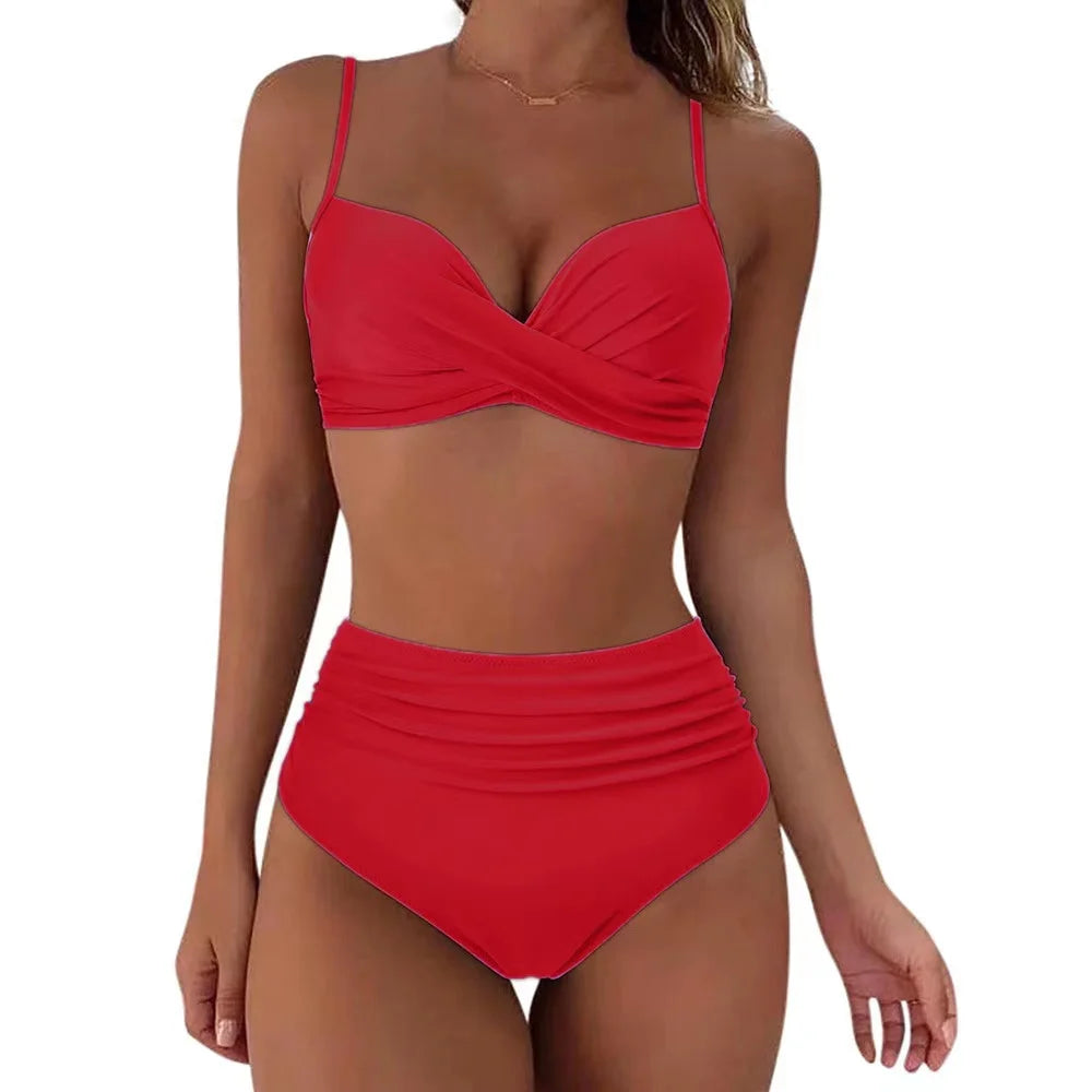 Vintage Print High Waist Bikini - Women's Push Up Swimsuit for Summer Beach